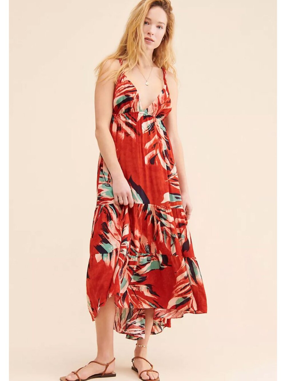 Anthropologie The Danika Tiered Midi Dress Red Tropical Leaf Print Resort